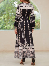 Printed Round Neck Long Sleeve Maxi Dress with Pockets OutfitFlow
